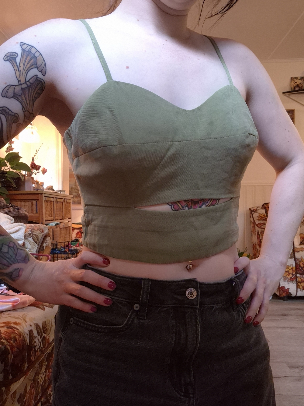 Only Olive Green Spaghetti Strap Crop Top with Front Cutout
